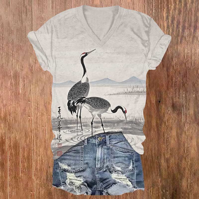 Japanese Vintage Crane By The Lake Art Print V-neck T-shirt - Light Gray - 5XL - image 1