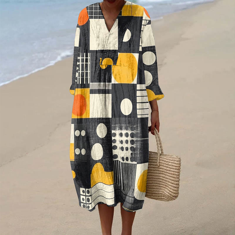 Women's Vintage Geometric Circles Pattern Art Print Dress - Multicolor - 6XL - image 1