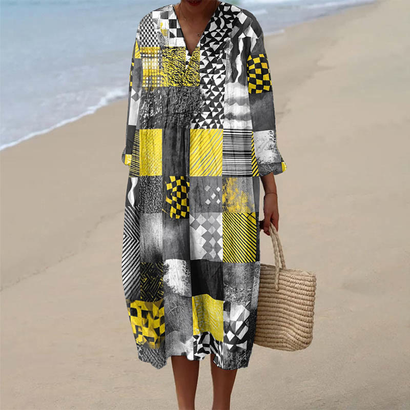 Women's Vintage Geometric Striped & Checked Pattern Art Print Dress - Grey - 6XL - image 1