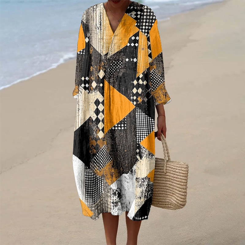 Women's Vintage Geometric Irregular Triangle Pattern Art Print Dress - Multicolor - 6XL - image 1