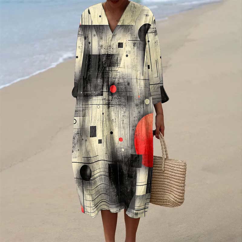 Women's Vintage Contrast Irregular Geometric Pattern Art Print Dress - Black - 6XL - image 1