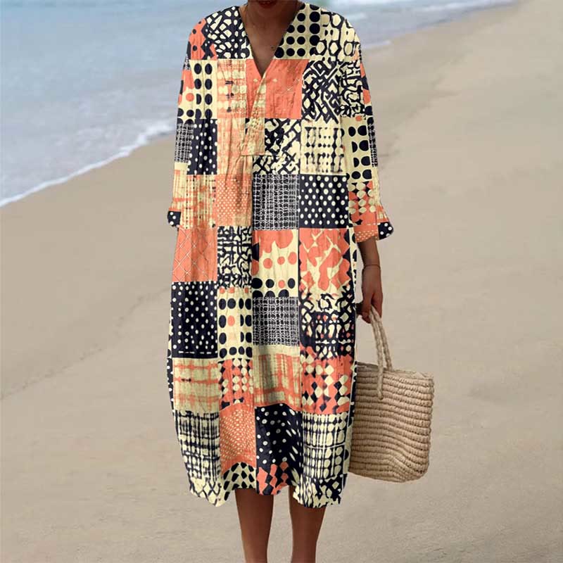 Women's Vintage Contrast Geometric Patchwork Pattern Art Print Dress - Multicolor - 6XL - image 1