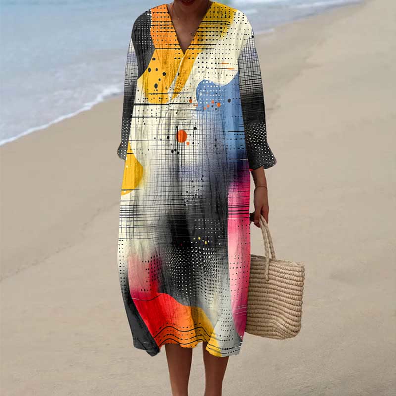 Women's Vintage Ink Splash Geometric Pattern Art Print Dress - Multicolor - 6XL - image 1