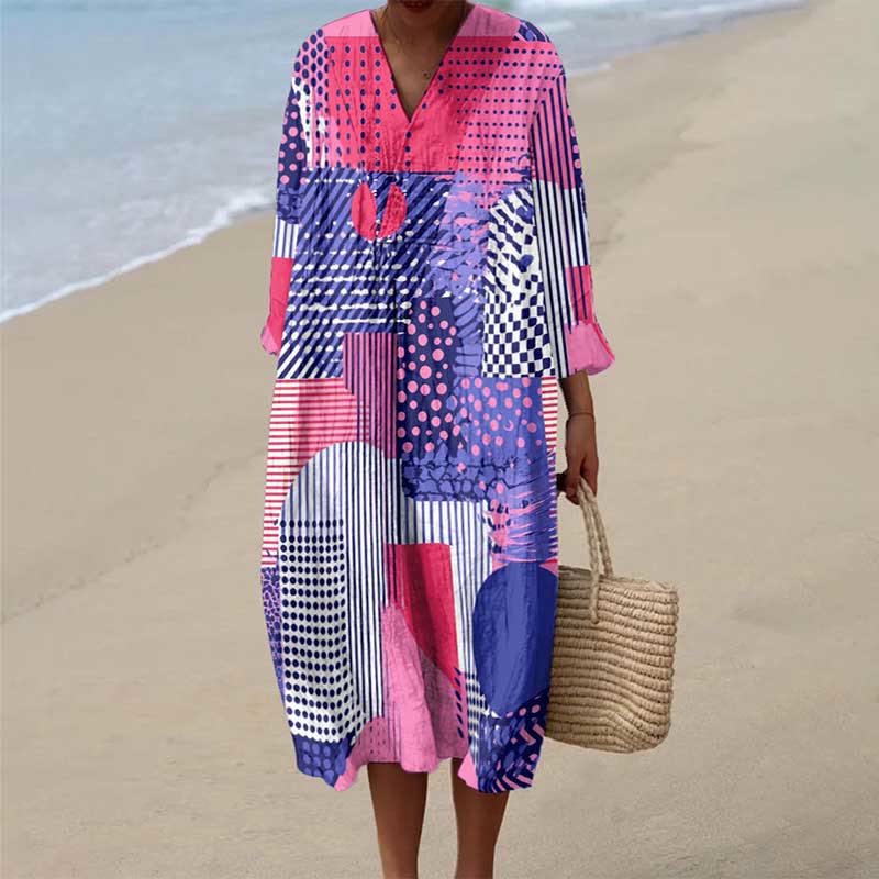 Women's Vintage Polka Dot Lines Patchwork Pattern Art Print Dress - Multicolor - 6XL - image 1