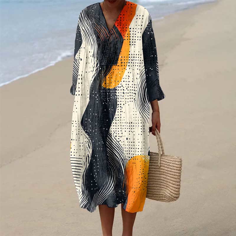 Women's Vintage Wavy Polka Dot Pattern Art Print Dress - Black - 6XL - image 1