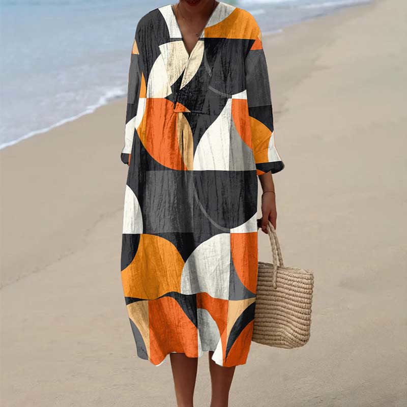 Women's Vintage Contrast Patchwork Geometric Pattern Art Print Dress - Multicolor - 6XL - image 1