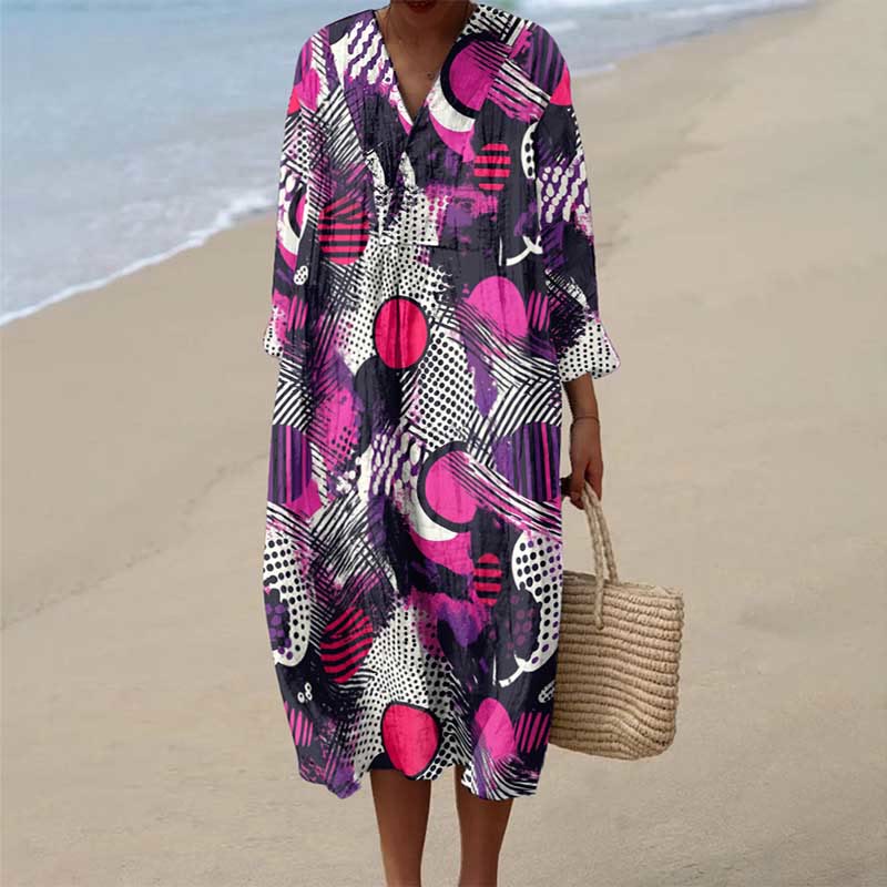 Women's Vintage Irregular Geometric Pattern Graffiti Art Print Dress - Purple - 6XL - image 1