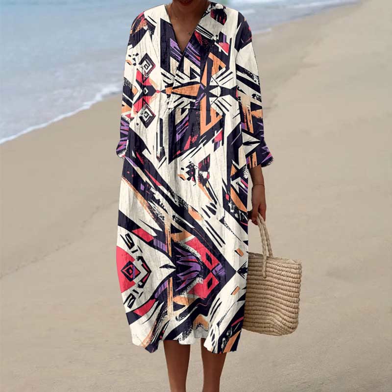 Women's Vintage Hand-drawn Irregular Geometric Pattern Art Print Dress - Multicolor - 6XL - image 1