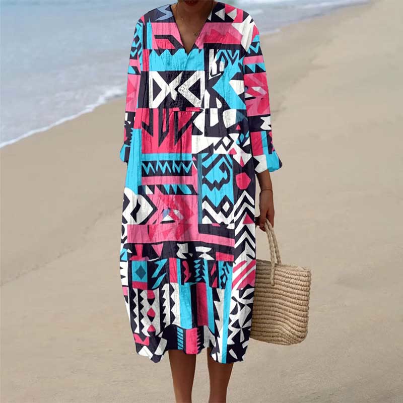 Women's Vintage Contrast Ethnic Geometric Pattern Art Print Dress - Multicolor - 6XL - image 1