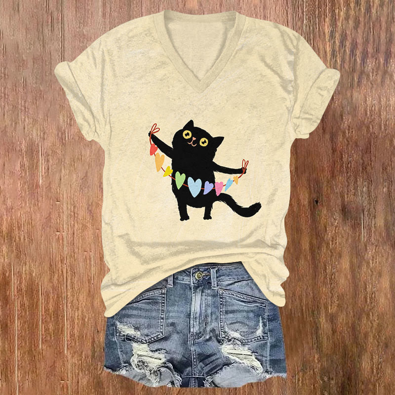 Vintage Cute Cat Holding Rainbow Hearts String Art T-shirt - Yellow - US32-34(5XL) - image 1