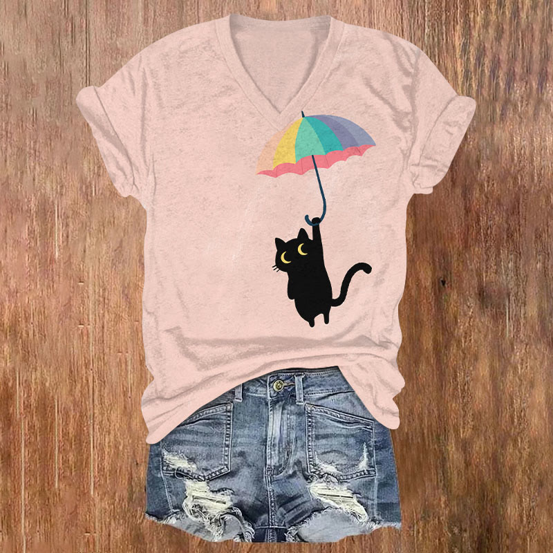 Lovely Black Kitten With Rainbow Umbrella Art T-shirt - Pink - US32-34(5XL) - image 1