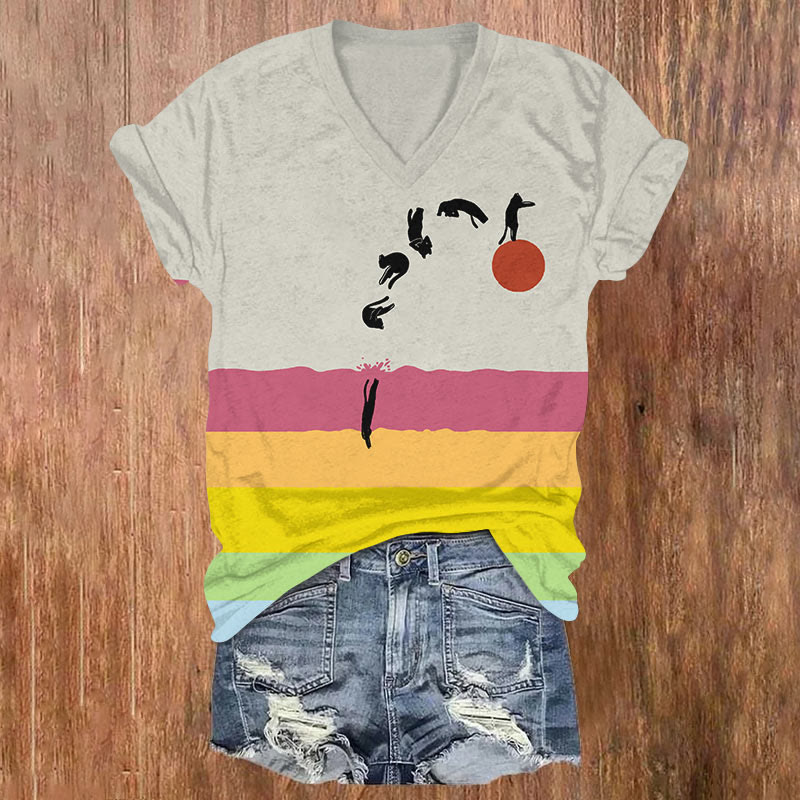 Funny Diving Cat Into Rainbow Sea Art T-shirt - Multicolor - US32-34(5XL) - image 1