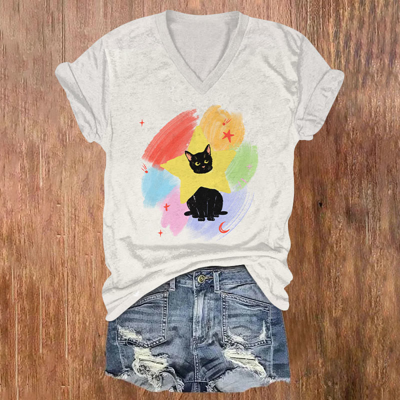 Funny Black Cat With Rainbow Star Neck Gaiter Art T-shirt - Light Gray - US32-34(5XL) - image 1