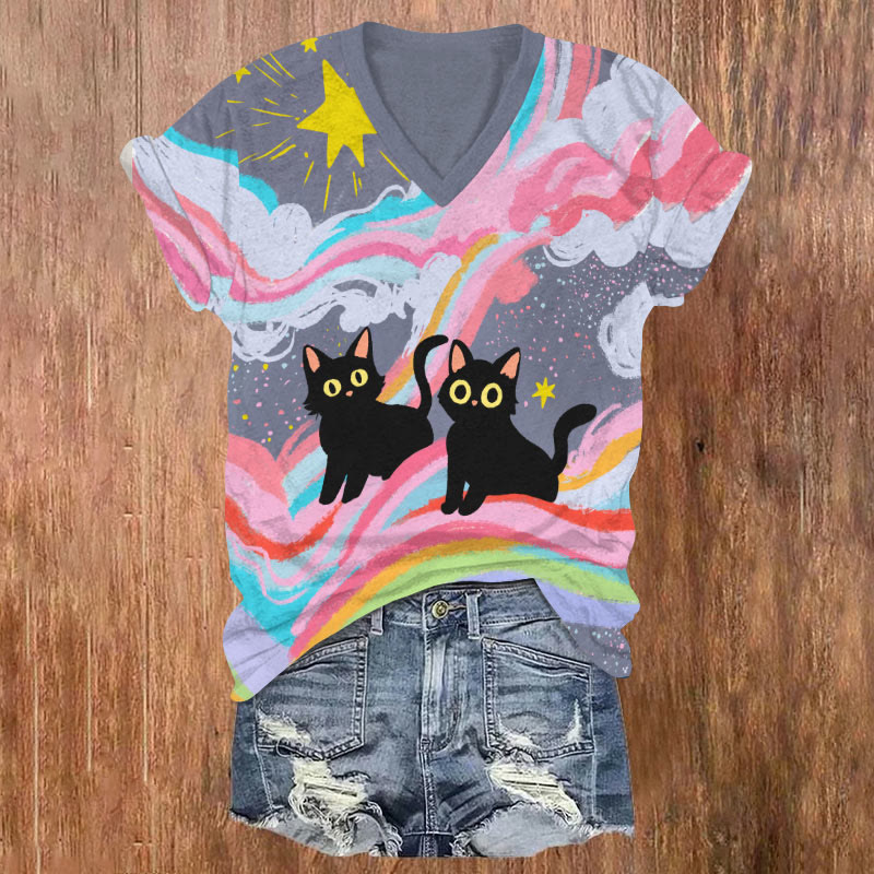 Cute Kitten Surrounded By Rainbow Cloud Art T-shirt - Multicolor - US32-34(5XL) - image 1