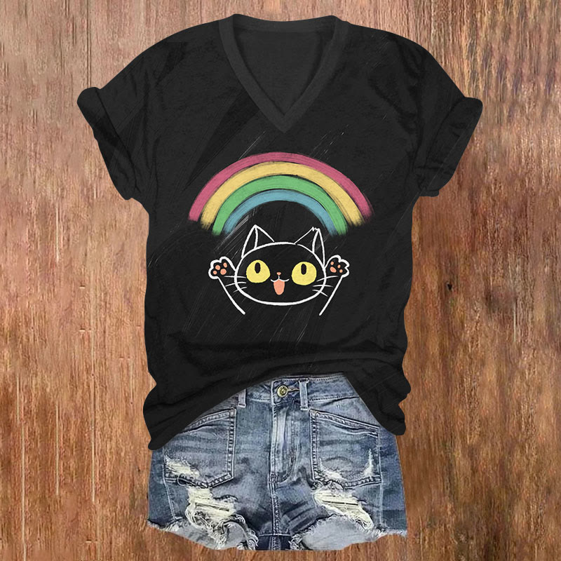 Happy Cat Looking Up The Rainbow Art T-shirt - Black - US32-34(5XL) - image 1