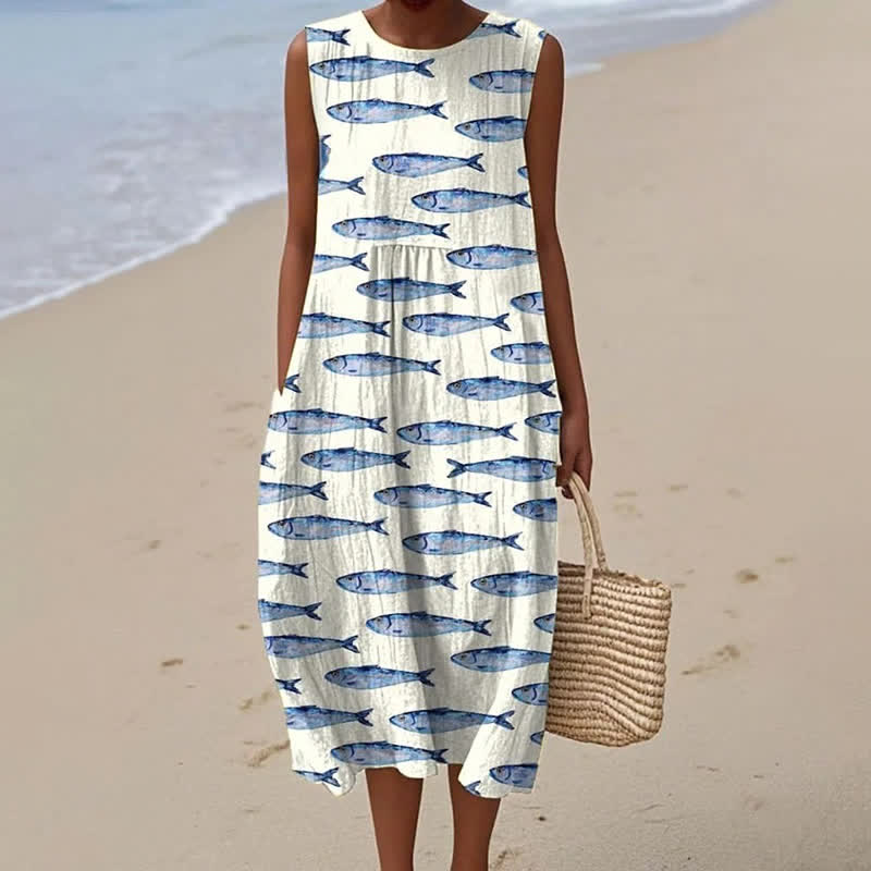 Women's Lovely Fish Art Print Sleeveless Dress - White - 5XL - image 1