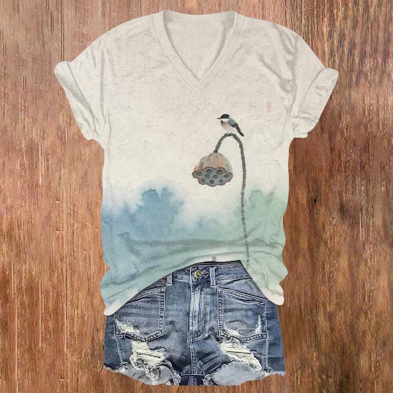 Vintage Bird Landed On The Lotus Pod Art T-shirt - Beige - US32-34(5XL) - image 1