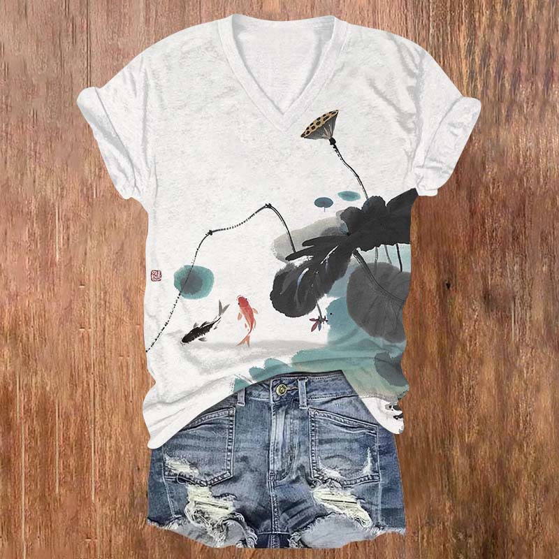Vintage Koi Fish & Lotus Pond Art T-shirt - White - US32-34(5XL) - image 1