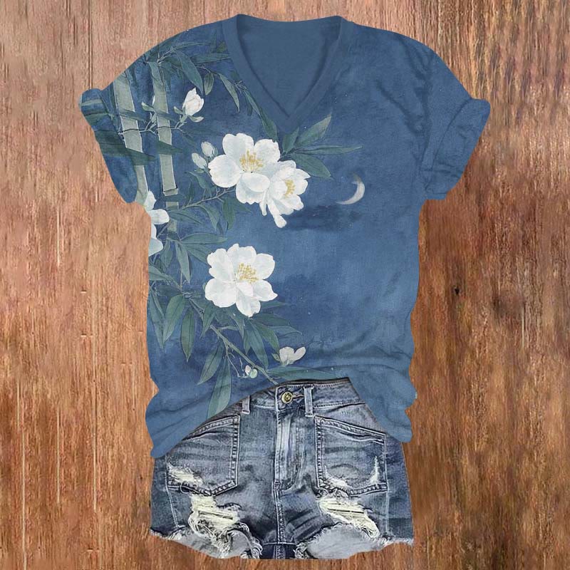 Oil Painting Camellia Blossom Art T-shirt - Blue - US32-34(5XL) - image 1