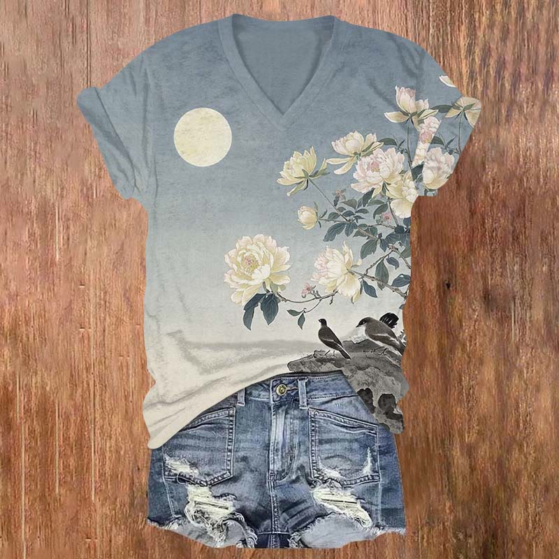 Vintage Moon & Floral & Bird Art T-shirt - Warm Grey - US32-34(5XL) - image 1