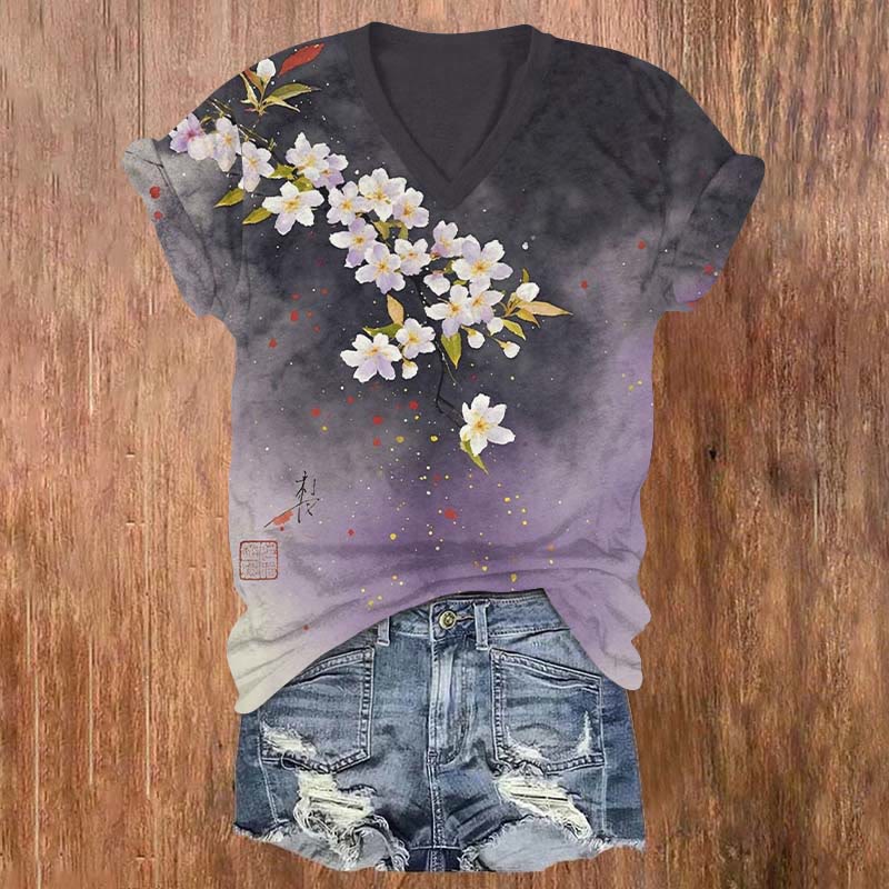Fantasy Japanese Sakura Art T-shirt - Purple - US32-34(5XL) - image 1
