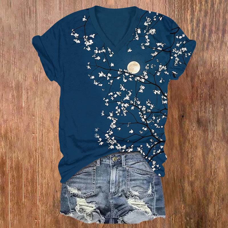 Pear Blossoms Under Hazy Moonlight Art T-shirt - Royal Blue - US32-34(5XL) - image 1