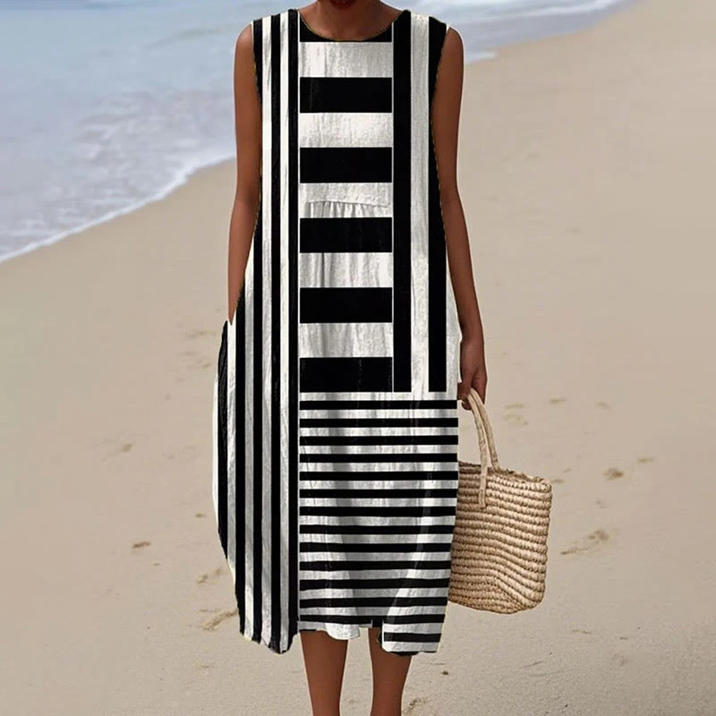 Women's Black & White Striped Print Sleeveless Dress - Black - 5XL - image 1