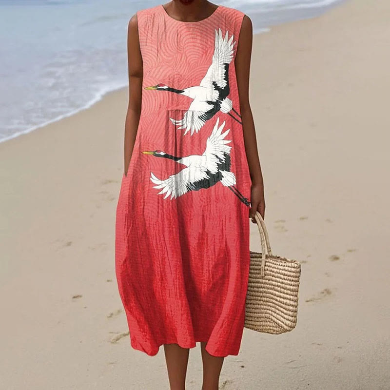 Women's Vintage Flying Crane Art Print Sleeveless Dress - Red - 5XL - image 1