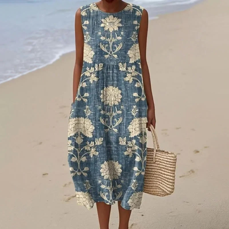 Women's Retro Ethnic Floral Art Print Sleeveless Dress - Blue - 5XL - image 1