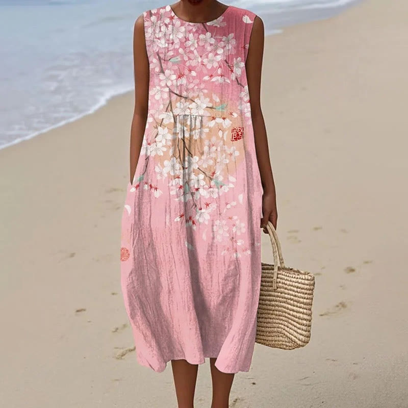 Women's Vintage Japanese Sakura Art Print Sleeveless Dress - Pink - 5XL - image 1