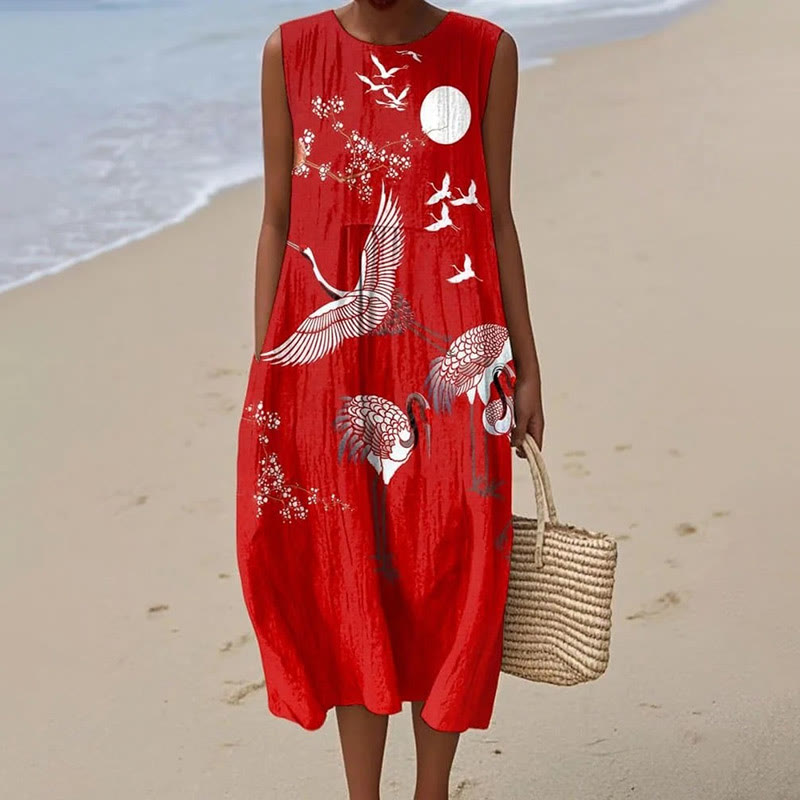 Women's Elegant White Crane & Moon Art Print Sleeveless Dress - Red - 5XL - image 1