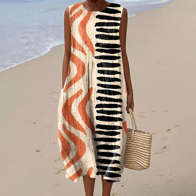 Women's Abstract Striped Fish & Curve Art Print Sleeveless Dress - Apricot - 5XL - image 1