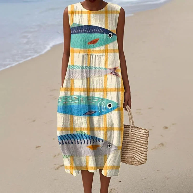 Women's Yellow Grid Cute Sardine Art Print Sleeveless Dress - Yellow - 5XL - image 1