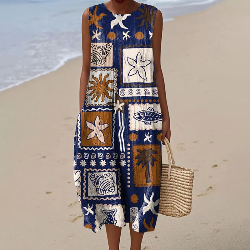 Women's Vintage Ocean Animals & Plants Print Sleeveless Dress - Blue - 5XL - image 1