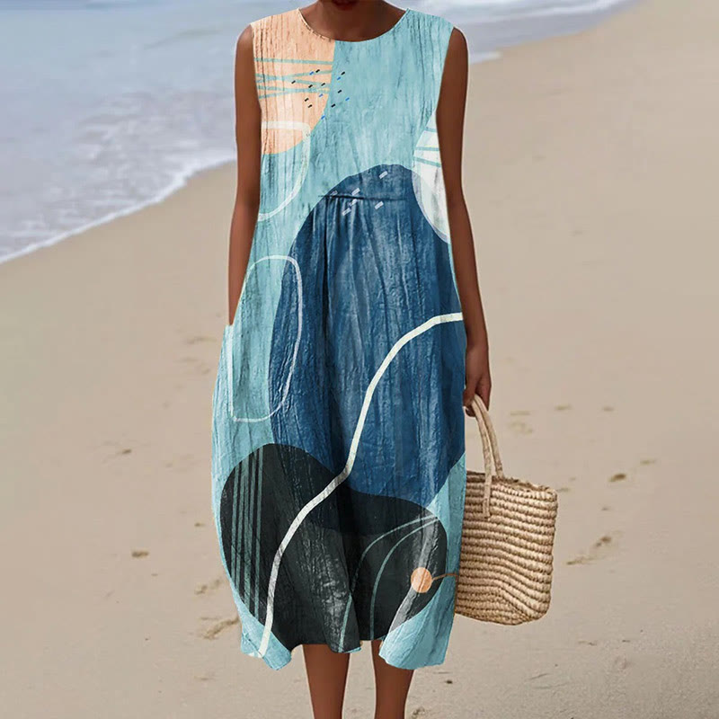 Women's Contrast Stacking Circles Art Print Sleeveless Dress - Blue - 5XL - image 1