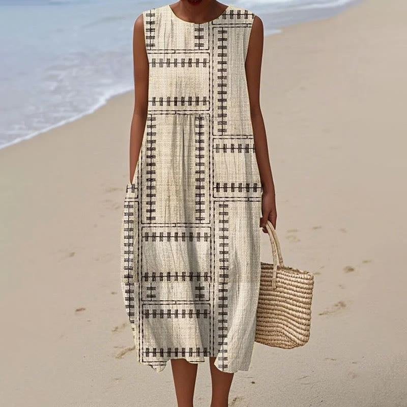 Women's Vintage Patches Pattern Art Print Sleeveless Dress - Khaki - 5XL - image 1