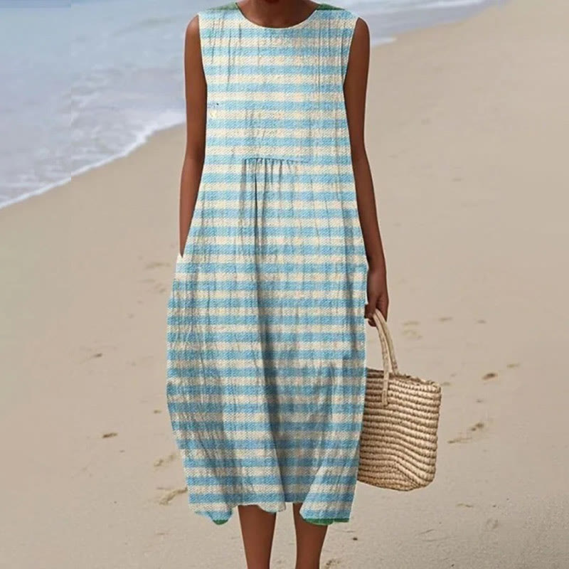 Women's Vintage Blue Horizontal Stripes Print Sleeveless Dress - Sky Blue - 5XL - image 1