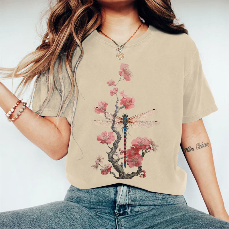 100% Cotton Retro Plum Blossom Dragonfly Japanese Art Print Casual T-shirt - Apricot - 2XL - image 1