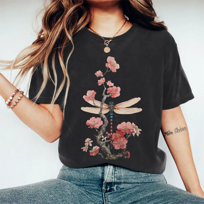 100% Cotton Retro Plum Blossom Dragonfly Japanese Art Print Casual T-shirt - Black - 2XL - image 2