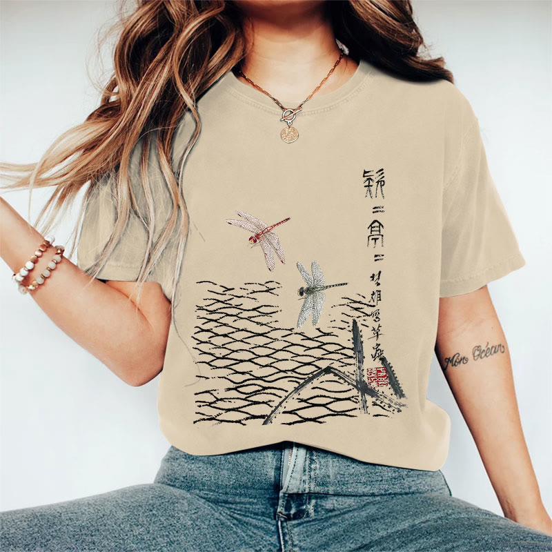 100% Cotton Women's Japanese Ink Painting Dragonfly Art Print Casual T-shirt - Apricot - 2XL - image 1