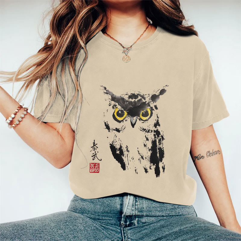 100% Cotton Women's Owl Art Print Casual T-Shirt - Apricot - 2XL - image 1