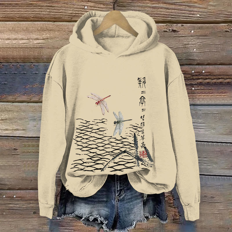 100% Cotton Women's Japanese Ink Painting Dragonfly Art Print hoodie - Apricot - US16-18(2XL) - image 1
