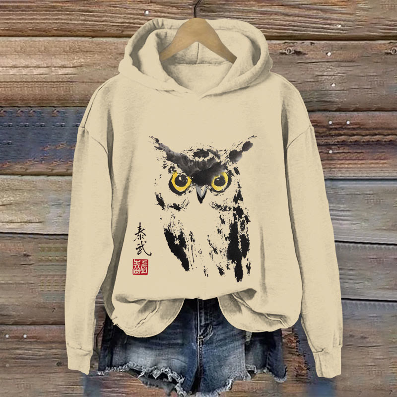 100% Cotton Owl Art Print Hoodie - Apricot - US16-18(2XL) - image 1