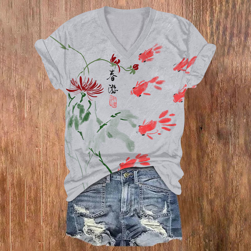 Vintage Japanese Cartoon Goldfish & Floral Art T-shirt - Grey - US32-34(5XL) - image 1