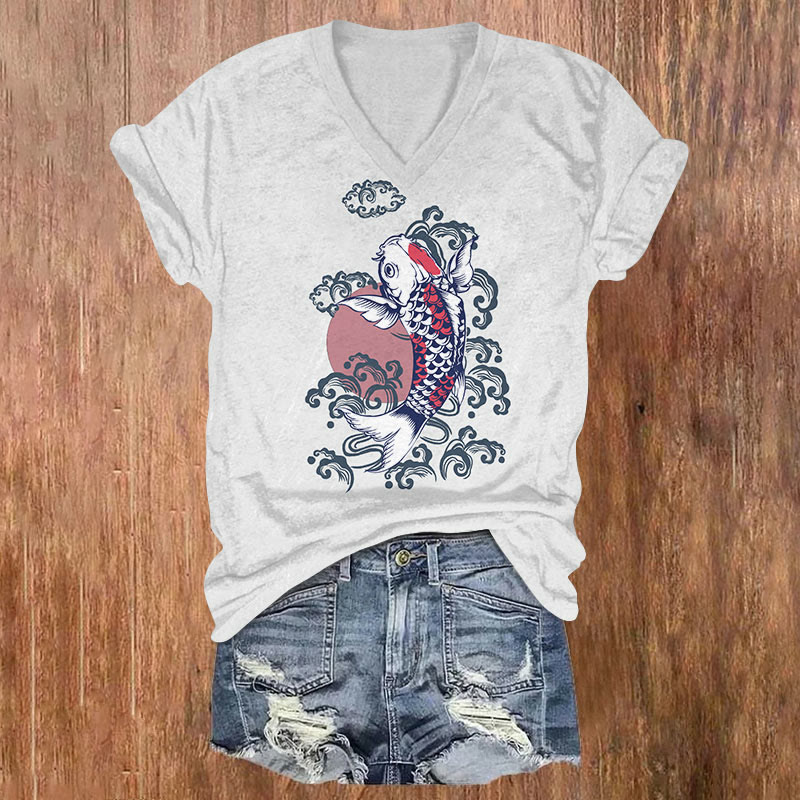 Retro Creative Koi Art T-shirt - Light Gray - US32-34(5XL) - image 1