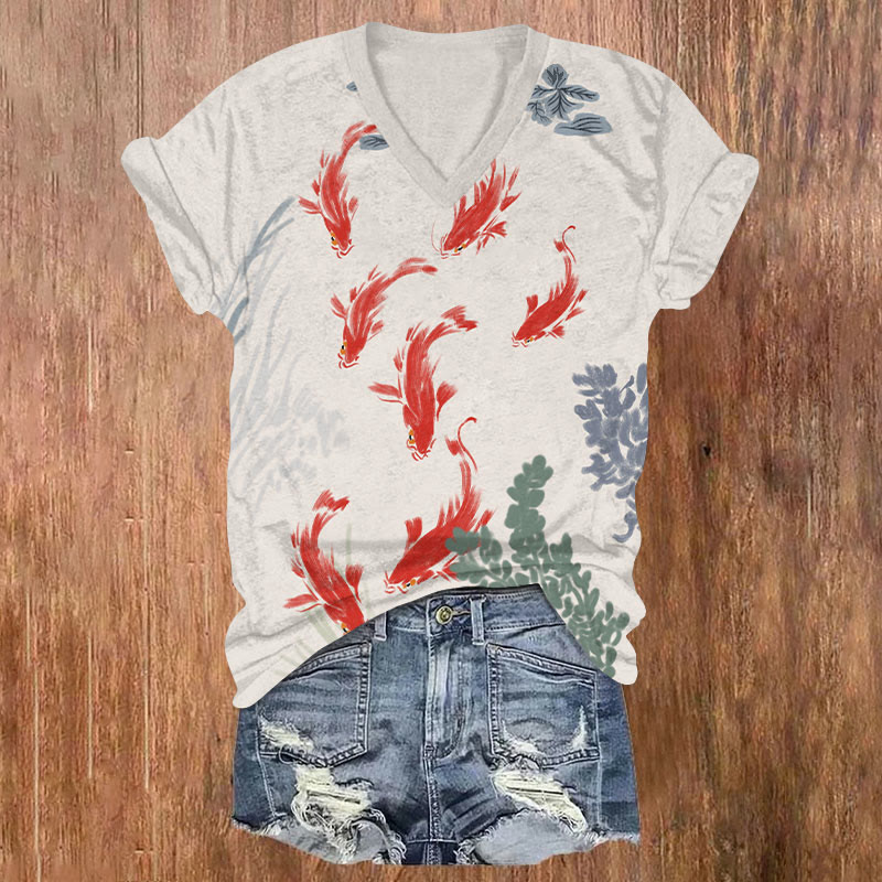Japanese Retro Vivid Koi Fish School Pond Art T-shirt - Beige - US32-34(5XL) - image 1
