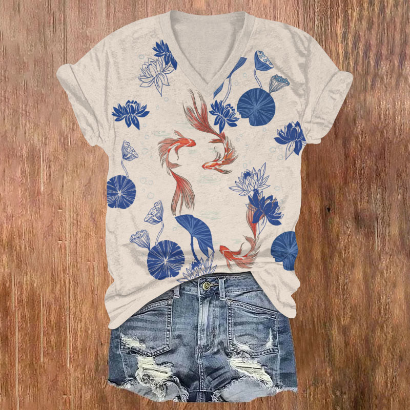  Retro Lovely Goldfish & Blue Lotus Pond Art T-shirt - Apricot - US32-34(5XL) - image 1