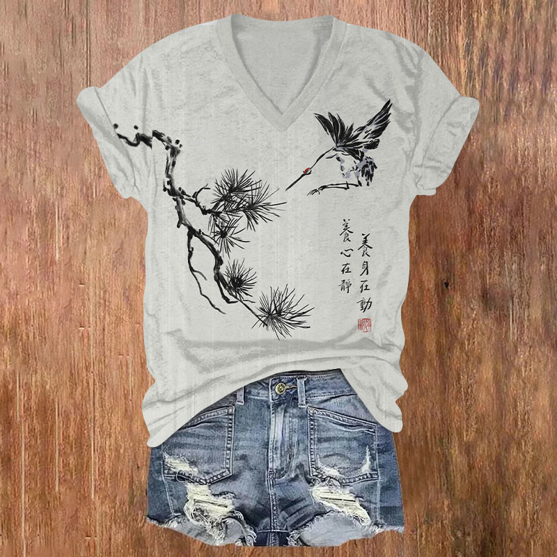 Vintage Chinese Poem Of Animal & Tree Art T-shirt - Grey - US32-34(5XL) - image 1