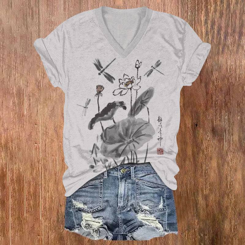 Japanese Vintage Dragonfly & Lotus Blossom Art T-shirt - Light Gray - US32-34(5XL) - image 1