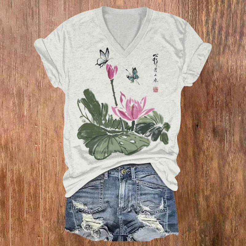 Vintage Vivid Painting Of Butterfly & Lotus Art T-shirt - Beige - US32-34(5XL) - image 1